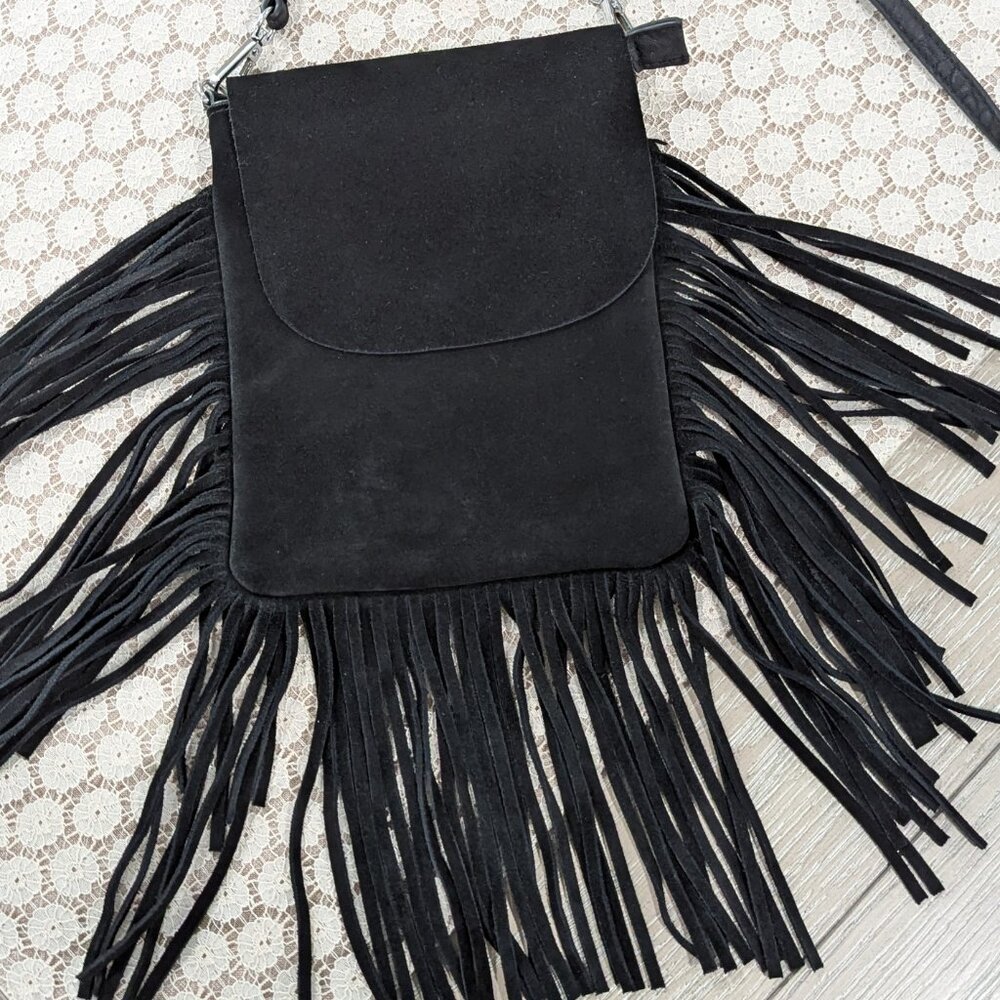 Black Suede Fringe Crossbody Bag - Picture 3 of 8